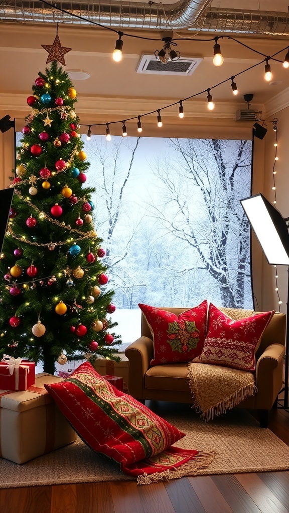A festive photo studio decorated for Christmas with a tree, lights, and cozy seating.